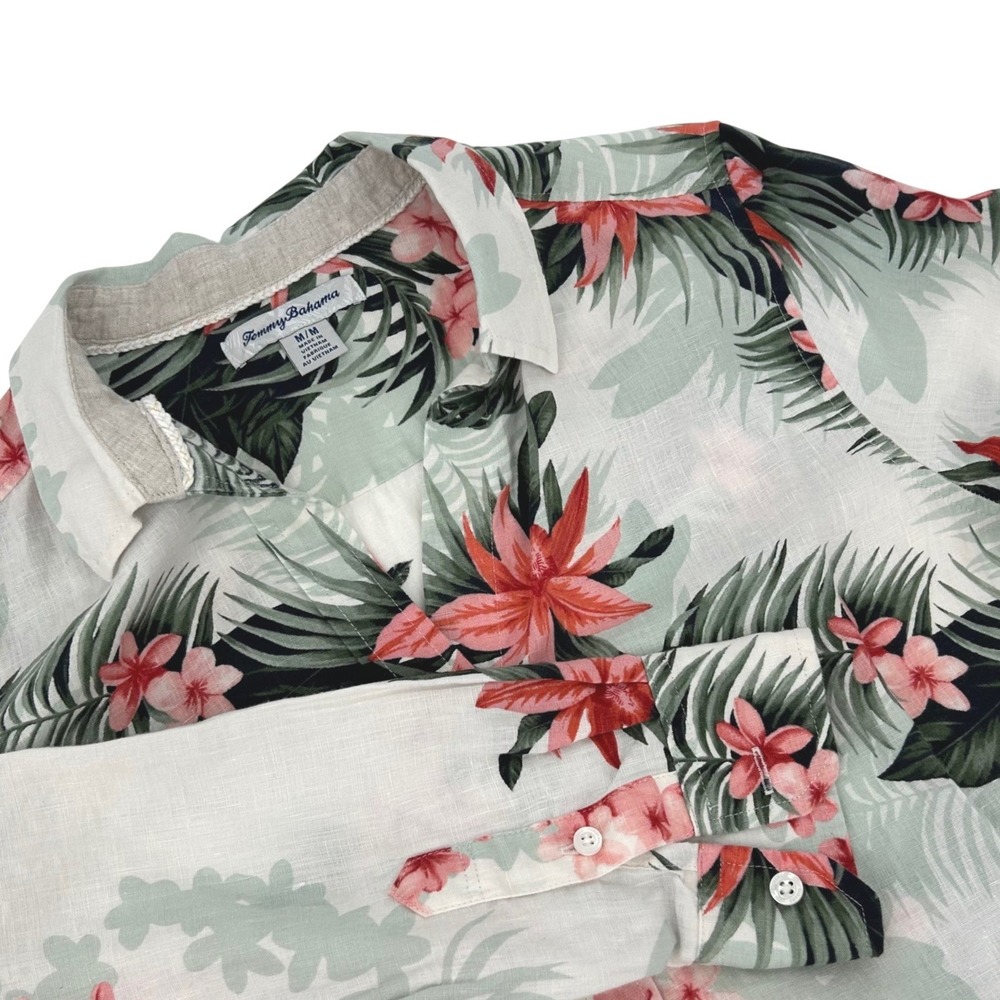 Tommy Bahama Womens Medium Linen Floral Palm Tropical Button Down Shirt Pink